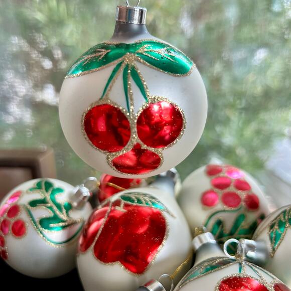 Vintage Blown Glass Ball Ornaments with Glittered Fruit Design - Set of 8 - Picture 8 of 13